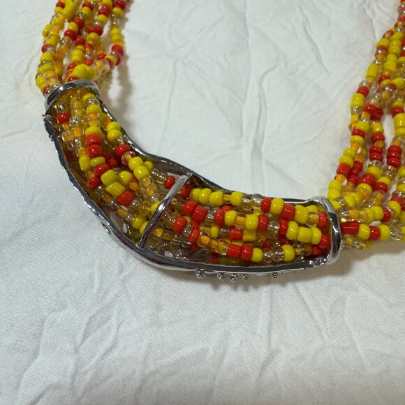 Multicolor 7 strand Seed Bead Statement Necklace With Silver & Orange Pendant - Picture 7 of 8